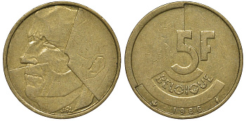 Бельгия 5 франков 1986 Belgique KM 163 алюминиевая бронза 4128-934