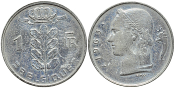 Бельгия 1 франк 1963 Belgique, Бодуэн I (1951-1993) KM 142.1 медно-никель 4388-635