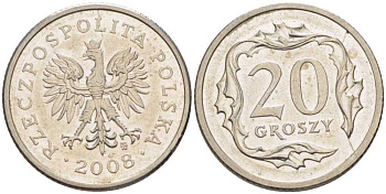 Польша 20 грошей 2008 MW KM 280 медно-никель 201-523