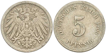 ГЕРМАНИЯ 5 ПФЕННИГОВ 1900 А KM 11, J. 12 медно-никель 206-1212
