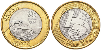Бразилия 1 реал 2015 XXXI летние Олимпийские Игры, Рио-де-Жанейро 2016 - Баскетбол KM 704 биметалл UNC 4139-1132