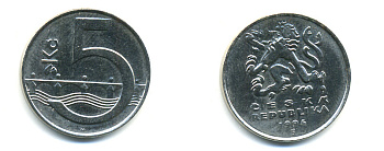 Чехия 5 крон 1994 чешский лев, Карлов мост KM 8 сталь плакированная никелем 89-1626