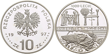 Польша 10 злотых 1997 MW, 1000 летие со дня смерти Святого Адальберта Пражского, тираж 25000 экземпляров KM 321 серебро PROOF 1080-9-23