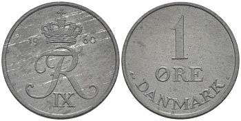 Дания 1 эре 1960 С; S, Фредерик IX (1947-1972) KM 839.2 цинк UNC 4387-364