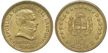 Уругвай 10 песо 1965 KM 48 алюминиевая бронза 69-442