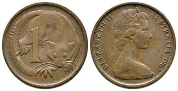 Австралия 1 цент 1967 Елизавета II (1953-), молодой портрет, опоссум КМ 62 бронза 220-425