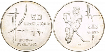 Финляндия 50 марок 1982 K-T, чемпионат мира по хоккею KM 60 серебро UNC 1520-435