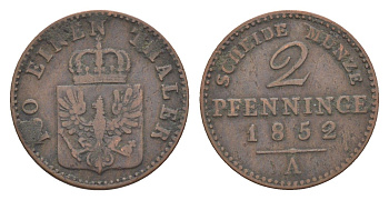 Пруссия 2 пфеннига 1852 A, Фридрих Вильгельм IV (1840-1861) KM 452, Jaeger 51, Olding 336, AKS 91 медь 4651-231