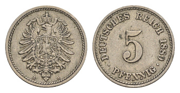 Германия 5 пфеннигов 1889 A, Вильгельм II (1888-1918) KM 3, J. 3, Weege 5 медно-никель 4639-1254
