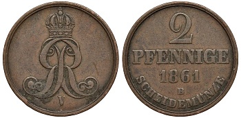 Брауншвейг-Каленберг-Ганновер 2 пфеннига 1861 B, Георг V (1851-1866) KM 234,aKS 153, J. 91 медь 4142-256
