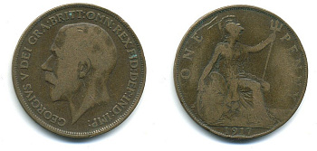 Великобритания 1 пенни 1917 Георг V (1910-1936) КМ 810, Spink 4051 бронза 4110-144