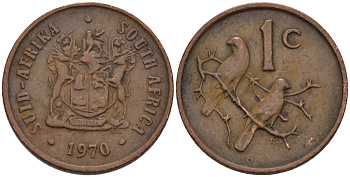 ЮАР 1 ЦЕНТ 1970 ГЕРБ, КАПСКИЕ ВОРОБЬИ KM 82 бронза 66-251