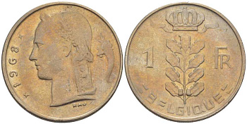 БЕЛЬГИЯ 1 ФРАНК 1968 BELGIQUE, БОДУЭН I (1951-1993) KM 142.1 медно-никель 202-1034