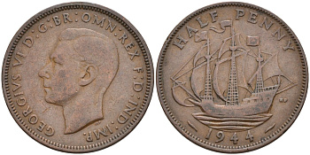 Великобритания 1/2 пенни 1944 Георг VI (1936-1952) KM 844, Spink 4115 бронза 190-753