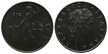 ИТАЛИЯ 50 ЛИР 1975 R, БОГ ОГНЯ ВУЛКАН У НАКОВАЛЬНИ KM 95.1 нержавеющая сталь 4384-1117