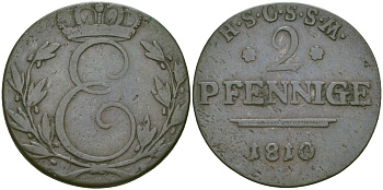 Саксен-Кобург-Заальфельд 2 пфеннига 1810 KM 151.1 медь 99-755