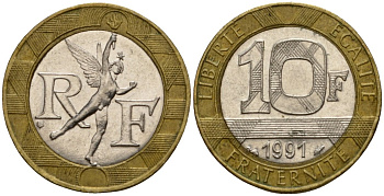 Франция 10 франков 1991 тип гений Бастилии KM 964.1, Le Frank 375.6 биметалл 4601-424