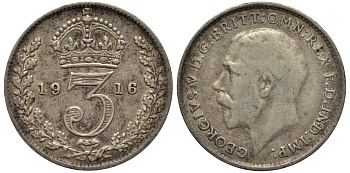 Великобритания 3 пенса 1916 Георг V (1910-1936) KM 813, Spink 4015 серебро 4528-443