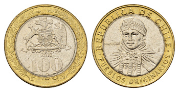 Чили 100 песо 2010 индейцы Мапуче KM 236 биметалл UNC 4695-1144