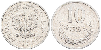 ПОЛЬША 10 ГРОШЕЙ 1972 MW KM АА47 алюминий 4528-161