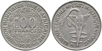 ВАЛЮТНЫЙ СОЮЗ СТРАН ЗАПАДНОЙ АФРИКИ 100 ФРАНКОВ 1975 РЫБА KM 4 никель 110-453