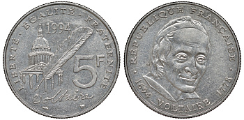 Франция 5 франков 1994 300 лет со дня рождения Вольтера KM 1063, Le Franc 344.2 медно-никель плакированный никелем 91-541