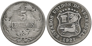 ВЕНЕСУЭЛА 5 СЕНТИМО 1921 РЕДКИЙ ГОД KM 27 медно-никель 4532-248