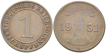 Германия 1 рейхспфенниг 1931 A KM 37, J. 313, Weege 2 бронза 211-568
