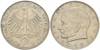 ФРГ 2 марки 1963 J, Макс Планк KM 116, J. 392 медно-никель плакированный никелем 3718-1036