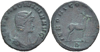 Римская Империя антониниан 267 - 268 Салонина, жена Галлиена, COR SALONINA AVG, бюст императрицы / IVNONI CONS AVG, козел, Рим RIC 14 биллон 1073-20-12