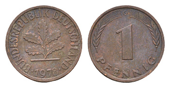 ФРГ 1 пфенниг 1978 G KM 105, J.380 сталь плакированная медью 4618-644