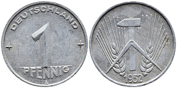 ГДР 1 ПФЕННИГ 1952 А KM 5 алюминий 4392-412