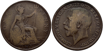 Великобритания 1 пенни 1917 Георг V (1910-1936) KM 810, Spink 4051 бронза 4385-332