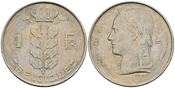 БЕЛЬГИЯ 1 ФРАНК 1967 BELGIQUE KM 142.1 медно-никель 4546-454