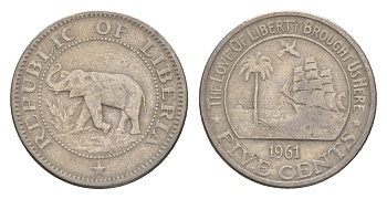 Либерия 5 центов 1961 KM 14 медно-никель 4659-455