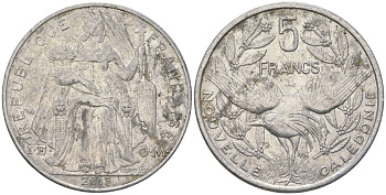 Французская Новая Каледония 5 франков 2013 птица кагу, (IEOM) KM 16, Schoen 12, Lec 81k алюминий 4111-1234