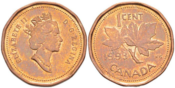 Канада 1 цент 1993 Елизавета II (1952-2022), кленовый лист KM 181 бронза 46-2553