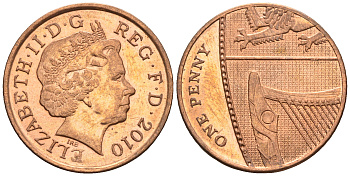 Великобритания 1 пенни 2010 Елизавета II (1952-2022) KM 1107, Spink B6 сталь плакированная медью 4609-716