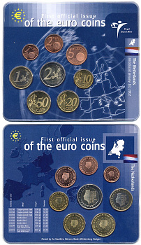 Нидерланды 1, 2, 5, 10, 20, 50 евроцентов, 1, 2 евро 2001 первый официальный евронабор в фирменном буклете биметалл UNC 5-4-1-88