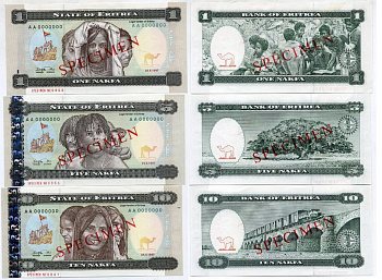 Эритрея набор из 6 банкнот 1997 SPESIMEN, образец Pick 1s,2s,3s,4s,5s,6s бумага UNC (пресс) 451-347-1