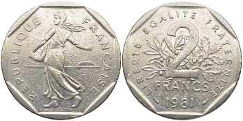 ФРАНЦИЯ 2 ФРАНКА 1981 СЕЯТЕЛЬ KM 942.1, LE FRANC 272.5 никель 115-524