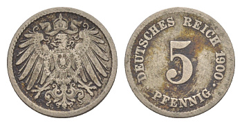 Германия 5 пфеннигов 1900 G, Вильгельм II (1888-1918) KM 11, J. 12 медно-никель 4640-114