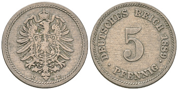 Германия 5 пфеннигов 1889 E, старогербовка KM 3, J.3 медно-никель 4164-657