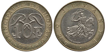 Монако 10 франков 1996 Ренье III (1949-2005) KM 163 биметалл 113-826
