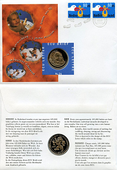 Нидерланды 1 экю 1997 Рождение, в оригинальном конверте, с марками, первый день гашения X 226 медно-никель BU 4-3-8-17