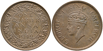 Британская Индия 1/4 анна 1942 Георг VI (1937-1952) KM 531 бронза aUNC 4110-514