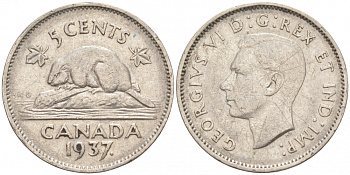 Канада 5 центов 1937 бобр Dot, Георг VI (1936-1952) KM 33 никель    73-1121