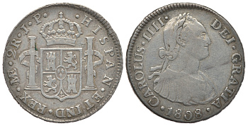 ПЕРУ 2 РЕАЛА 1808 JP КАРЛ IIII KM 95 серебро 1522-812