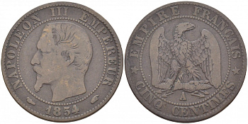 ФРАНЦИЯ 5 САНТИМОВ 1854 A, НАПОЛЕОН III (1852-1870) KM 777.1, LE FRANC 116.8 бронза 4448-1225
