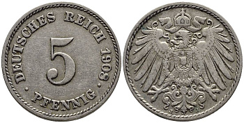 Германия 5 пфеннигов 1908 J KM 11, Jager 12, Weege 6 медно-никель 4547-467